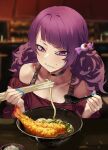  1girl absurdres ai_drawing_anime_characters_eating_ramen_(meme) blue_lips blue_nails blurry blurry_background bowl eyeball_hair_ornament eyebrow_piercing food hair_in_mouth highres holding_utensil idolmaster idolmaster_shiny_colors kimi_(hearty_yuuki) meme noodles piercing purple_eyes purple_hair short_twintails tanaka_mamimi tsurime twintails utensil 