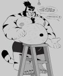  5_fingers 5_toes anthro belly belly_on_ladder_meme big_belly black_hair black_stripes chest_tuft clothed clothing dialogue english_text facial_hair facial_piercing feet felid fingers fist greyscale hair hi_res ladder looking_down male mammal man_bun manbun monochrome musclegut muscular muscular_anthro muscular_male navel nipples nose_piercing nose_ring offscreen_character open_mouth overweight overweight_anthro overweight_male pantherine pecs piercing ring_piercing shirtless sideburns solo speech_bubble splashburr standing stripes teeth text tiger toes topless tuft underwear 