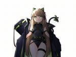  1girl animal_ears black_leotard blonde_hair bow cat_ear_headphones cowboy_shot dayaman dotted_background expressionless flat_chest from_below girls&#039;_frontline green_bow green_eyes headphones highleg highleg_leotard highres jacket leotard long_hair long_sleeves looking_at_viewer looking_down parted_lips shadow sidelocks solo standing tail tail_bow tail_ornament thigh_strap tmp_(girls&#039;_frontline) very_long_hair 