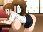  1girl :d against_table ass bent_over black_ribbon breasts brown_eyes brown_hair clothes_lift highres huge_breasts indoors inverted_nipples long_hair ponytail presenting restaurant ribbon shirt skirt skirt_lift smile solo taneshima_popura tedain very_long_hair waitress white_shirt working!! 