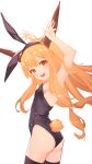  1girl absurdres animal_ears ass black_leotard black_thighhighs blush breasts cowboy_shot fake_animal_ears fake_tail fang highres horns ibuki_suika leotard long_hair low-tied_long_hair oeyama oni_horns open_mouth orange_eyes orange_hair rabbit_ears rabbit_tail revision simple_background skin_fang small_breasts smile solo strapless strapless_leotard tail thighhighs touhou white_background 
