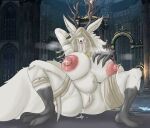  anthro antlers areola bandage beast_(bloodborne) belly big_areola big_breasts big_nipples bloodborne blush bodily_fluids breasts canid canine canis cathedral crouching drooling female fromsoftware fur genital_fluids genitals hi_res hood horn huge_breasts hyper hyper_breasts inside lactating long_tongue looking_at_viewer mammal monster navel nipples nude pussy pussy_juice saliva solo sony_corporation sony_interactive_entertainment spread_legs spreading thick_thighs tongue tongue_out vf-01s vicar_amelia video_games were werecanid werecanine white_body white_fur wide_hips wolf 