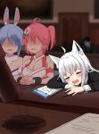  1boy 3girls ahoge animal_ears blue_hair courtroom cuffs drooling flower fox_ears fox_girl gavel hair_flower hair_ornament handcuffs highres hololive lawyer long_hair multicolored_hair multiple_girls orobou pen pink_hair rabbit_ears rabbit_girl sakura_miko shirakami_fubuki sleeping usada_pekora virtual_youtuber white_hair yagoo 