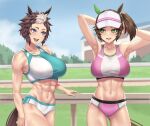  2girls :d abs absurdres animal_ears armpits arms_behind_head ass_visible_through_thighs bare_arms bare_shoulders blue_eyes blue_sky breasts brown_hair commentary_request cowboy_shot crop_top day green_eyes highres horse_ears ines_fujin_(umamusume) large_breasts looking_at_another mejiro_ryan_(umamusume) messy_hair midriff multicolored_hair multiple_girls navel open_mouth outdoors ponytail sky smile sports_bra standing stmoon stomach thighs two-tone_hair umamusume visor_cap white_hair 