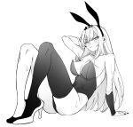  1girl animal_ears bangs breasts cleavage fake_animal_ears high_heels hololive hololive_english leotard long_hair longlong_(drasdr7513) monochrome mori_calliope rabbit_ears simple_background single_thighhigh strapless strapless_leotard sweat thighhighs virtual_youtuber 