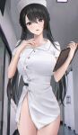  1girl absurdres bangs black_hair blush breasts clipboard commentary cowboy_shot hair_between_eyes hand_up highres holding holding_clipboard indoors large_breasts long_hair looking_at_viewer nurse original parted_lips po_ppe purple_eyes short_sleeves smile solo thighs white_headwear 