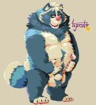  2022 anthro balls blue_body canid canine genitals hi_res humanoid_hands male mammal overweight overweight_male penis pink_nose raccoon_dog simple_background solo tanuki tigerator white_body 