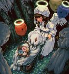  1girl angel angel_wings balloon basket closed_eyes doughnut dress feathered_wings food forest grin halo hat highres horror_(theme) long_sleeves nature nurse nurse_cap original smile teruterubouzu ttanne wheelbarrow white_dress wings 