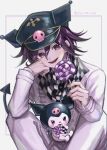  1boy :d artist_name bangs black_hair black_headwear black_scarf blush buttons candy checkered_clothes checkered_scarf danganronpa_(series) danganronpa_v3:_killing_harmony demon_tail feet_out_of_frame food grey_jacket grey_pants hair_between_eyes highres holding holding_candy holding_food holding_lollipop jacket kuromi lollipop long_sleeves multicolored_hair onegai_my_melody open_mouth ouma_kokichi pants pink_eyes pink_hair scarf simple_background sitting smile solo tail teeth two-tone_hair two-tone_scarf upper_teeth white_background white_scarf yumezu_(yu_me_zu) 