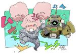  1girl afro_puffs anger_vein angry blush chibi chuatury_panlunch chuchu&#039;s_demi_trainer clenched_hands double_bun gloves grey_gloves gundam gundam_suisei_no_majo hair_bun headwear_removed helmet helmet_removed holding holding_helmet holding_towel manabu_katayama mecha pilot_suit pink_eyes robot science_fiction stomping towel v-shaped_eyebrows wiping 