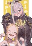  2girls abigail_williams_(fate) abigail_williams_(swimsuit_foreigner)_(fate) animal_ears armor bangs blonde_hair blush breastplate breasts cat_ears chorogon closed_eyes fate/grand_order fate_(series) forehead gauntlets green_hair grey_eyes hair_between_eyes hair_ornament hairpin high_collar huyan_zhuo_(fate) large_breasts long_hair looking_at_viewer multicolored_hair multiple_girls open_mouth parted_bangs pauldrons paw_pose shoulder_armor sidelocks small_breasts smile streaked_hair twintails very_long_hair white_hair 