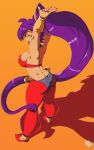  1girl absurdly_long_hair arms_up artbenbeau ass bikini bikini_top_only bracer breasts butt_crack circlet closed_eyes dark-skinned_female dark_skin from_behind harem_pants highres large_breasts long_hair open_mouth orange_background pants ponytail purple_hair shadow shantae shantae_(series) sideboob simple_background solo stretching swimsuit very_long_hair yawning 
