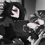  2021 anthro avian black_hair blep canid canid_demon clothed clothing collar demon duo eye_contact female female/female fur hair hellhound helluva_boss hi_res inside jesterwing looking_at_another loona_(helluva_boss) lying mammal octavia_(helluva_boss) off_shoulder on_back red_eyes spiked_collar spikes tongue tongue_out white_body white_fur 