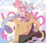  1girl aqua_hair character_hair_ornament character_name cowboy_shot goku-chan hair_ornament hand_on_hip highres iono_(pokemon) jacket lightning_bolt_symbol long_hair long_sleeves multicolored_hair open_mouth oversized_clothes pink_eyes pink_hair pokemon pokemon_(game) pokemon_sv sharp_teeth solo sparkle star_(symbol) teeth twitter_username two-tone_hair yellow_jacket 