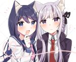  2girls :d absurdres animal_ear_fluff animal_ears bangs black_jacket black_ribbon blue_eyes blue_sailor_collar blush bow bowtie braid brown_necktie cat_ears collared_shirt danganronpa:_trigger_happy_havoc danganronpa_(series) fang grey_background hair_ornament hair_ribbon hairclip hana_no_yo hand_up heart highres jacket kirigiri_kyouko maizono_sayaka multiple_girls necktie open_clothes open_jacket open_mouth pink_bow pink_bowtie pink_eyes ribbon sailor_collar shiny shiny_hair shirt side_braid skin_fang smile upper_body white_shirt 