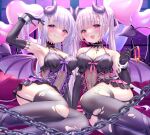  2girls :q arm_up armpits balloon bangs bare_shoulders black_choker black_garter_straps black_gloves black_thighhighs blush breasts chain choker cleavage closed_mouth collar commentary_request demon_girl demon_horns demon_tail demon_wings elbow_gloves feet_out_of_frame garter_straps gloves hand_in_own_hair heart_balloon highres horn_ornament horns large_breasts long_hair looking_at_viewer lying multiple_girls on_side open_mouth original pointy_ears purple_eyes purple_hair purple_horns purple_wings red_collar smile tail thighhighs thighs tongue tongue_out torn_thighhighs twintails wings yuyuko_(yuyucocco) 