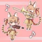  animal_costume animal_ear_fluff animal_ears belt bow bowtie brown_eyes brown_hair cat_ears cat_girl cat_tail extra_ears highres instrument kemono_friends kemono_friends_v_project kneehighs large-spotted_genet_(kemono_friends) long_hair mav3ygpryecvfu2 microphone multicolored_hair ribbon shirt shoes simple_background skirt socks suspenders tail trombone twintails violin virtual_youtuber 