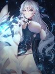  1girl black_dress breasts bronya_zaychik bronya_zaychik_(silverwing:_n-ex) dress drill_hair earrings gradient_eyes hair_between_eyes highres honkai_(series) honkai_impact_3rd jewelry large_breasts miro multicolored_eyes sidelocks tagme weapon white_hair 