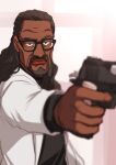  1boy beard blue_eyes blurry blurry_foreground brown_hair dark-skinned_male dark_skin facial_hair gun holding holding_gun holding_weapon long_hair looking_at_viewer lycoris_recoil male_focus mika_(lycoris_recoil) sakaki_imasato upper_body weapon white_background 