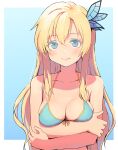  1girl bikini blonde_hair blue_bikini blue_eyes blush boku_wa_tomodachi_ga_sukunai breasts cleavage hair_ornament highres kashiwazaki_sena long_hair looking_at_viewer smile solo swimsuit user_hkgf2753 