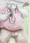  2022 anthro belly big_belly bottomwear clothing detailed_background doctor elephant elephantid eyes_closed god_wanko grey_body hi_res humanoid_hands inside kemono male mammal medical_instrument overweight overweight_male pants proboscidean scientific_instrument shirt solo topwear 