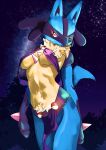  2022 anthro blue_body blue_ears blue_fur blue_tail bottomwear breasts clothed clothing female fingers fur generation_4_pokemon hi_res loincloth lucario motorcyclemurphy night_sky nintendo pokemon pokemon_(species) purple_clothing sky solo star starry_sky video_games yellow_body yellow_breasts yellow_fur 