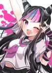  1girl :d absurdres arm_up bangs black_hair black_nails black_sailor_collar black_skirt blood blue_hair blush breasts danganronpa_(series) danganronpa_2:_goodbye_despair fingerless_gloves gloves grey_hair hair_horns hana_no_yo highres jewelry long_hair medium_breasts mioda_ibuki mouth_piercing multicolored_hair nail_polish neckerchief one_eye_closed open_mouth piercing pink_blood pink_eyes pink_hair pink_neckerchief pleated_skirt ring sailor_collar school_uniform shirt short_sleeves skirt smile solo torn_clothes torn_gloves white_background white_hair white_shirt 