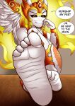  2019 anthro anthrofied armor barefoot crown cutie_mark cyborg-steve daybreaker_(mlp) dialogue digit_ring digital_media_(artwork) english_text equid equine eyelashes feathered_wings feathers feet female fire flaming_hair foot_fetish foot_focus friendship_is_magic grin hasbro hi_res horn humanoid_feet humanoid_hands jewelry looking_at_viewer mammal my_little_pony pseudo_hair pupils red_sclera ring slit_pupils smile text toe_ring white_body white_feathers white_skin winged_unicorn wings 