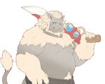  2022 anthro felid final_fantasy final_fantasy_xiv hi_res hrothgar humanoid_hands inunoshippo kemono male mammal moobs overweight overweight_male simple_background solo square_enix unknown_character video_games weapon 