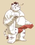  2022 anthro asian_clothing belly big_belly bulge clothing doctor east_asian_clothing eyewear felid fundoshi glasses hi_res hon55728 humanoid_hands japanese_clothing kemono male mammal medical_instrument moobs musical_note nipples overweight overweight_male pantherine red_clothing red_fundoshi red_underwear scientific_instrument solo tiger underwear 