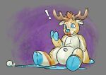  abstract_background absurd_res ambiguous_gender anthro antlers blue_eyes cervid confusion deusexmoose exclamation_point hi_res hoof_hands hooves horn living_pool_toy looking_at_hand mammal pool_toy potion potion_bottle smile solo spilled spilled_liquid transformation tyba 