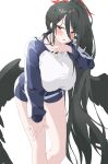  1girl black_hair black_wings blue_archive blue_jacket blue_shorts blush breasts gym_shirt gym_shorts gym_uniform hair_between_eyes halo hasumi_(blue_archive) hasumi_(gym_uniform)_(blue_archive) highres jacket large_breasts leaning_forward long_hair low_wings mole mole_under_eye open_clothes open_jacket ponytail red_eyes sayun_(5_to_16_) shirt shorts solo sweat track_jacket white_shirt wings 