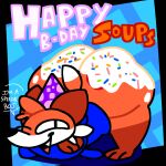  anthro big_butt birthday_gift butt canid canine dialogue fox frosting_on_butt happy_birthday hi_res kcstando male mammal one_eye_closed solo soups_(superiorfox) wink 