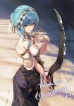  1girl atelier_(series) atelier_ryza atelier_ryza_2 bangs bare_shoulders blue_hair blutgang_(fire_emblem) braid commission cosplay crown_braid fire_emblem fire_emblem:_three_houses hair_up holding holding_sword holding_weapon klaudia_valentz klaudia_valentz_(cosplay) marianne_von_edmund off-shoulder_shirt off_shoulder online_neet red_eyes shirt signature skeb_commission solo sword weapon 