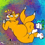 abstract_background anthro big_butt butt canid canine e621 fox girly jiggling lying male mammal maski_(author) miles_prower nipple_piercing nipples on_front piercing sega solo sonic_the_hedgehog_(series) spanking surprise text_emphasis thick_thighs toony 