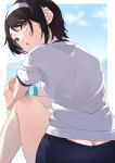  1girl ass bangs black_hair blue_buruma blue_eyes blue_sky blurry blurry_background border breasts buruma butt_crack cloud elbow_on_knee feet_out_of_frame from_behind hairband hololive looking_at_viewer oozora_subaru open_mouth out_of_frame outdoors outside_border shirt short_hair short_sleeves sidelocks sitting sky small_breasts solo sweatband swept_bangs thighs tsushi virtual_youtuber white_border white_hairband white_shirt wristband 