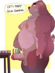  2022 absurd_res anthro balls belly big_belly dialogue domino dumdum english_text erection genitals hi_res humanoid_genitalia humanoid_hands humanoid_penis kemono male mammal moobs nipples overweight overweight_male penis solo text ursid 