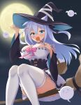  1girl absurdres animal_ears black_bow blue_eyes blue_hair blush bow breasts broom broom_riding candy cat_ears cleavage covering_mouth detached_sleeves food full_moon ghost hair_bow hair_ornament hairclip halloween hat highres holding holding_candy holding_food jack-o&#039;-lantern long_hair looking_at_viewer moon night noripro pink_bow riding sheryama shirayuki_mishiro simple_background sky solo star_(sky) starry_sky thighhighs virtual_youtuber white_thighhighs witch_hat zettai_ryouiki 