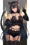  1girl animal_ears black_bra black_choker black_gloves black_hair black_thighhighs blush bra breasts cat_ears cat_tail choker cleavage closed_mouth collarbone cowboy_shot elbow_gloves fishnet_thighhighs fishnets garter_straps gloves hair_between_eyes highres kantai_collection kasumi_(skchkko) large_breasts long_hair looking_at_viewer nagato_(kancolle) red_eyes smile solo tail thighhighs tongue tongue_out underwear 