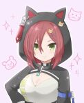  1girl animal_background animal_ears animal_hood arm_at_side artist_name assault_lily bangs bear_hair_ornament black_choker breasts cat_ears cat_hood choker cleavage closed_mouth commentary_request fake_animal_ears green_eyes hair_between_eyes hair_ornament hairclip hand_on_hip hatsukano_you hood hood_up inoguchi_minto light_blush long_sleeves looking_at_viewer medium_breasts official_alternate_costume photoshop_(medium) pink_background red_eyes shirt shrug_(clothing) solo sparkle_background upper_body white_shirt x_hair_ornament 