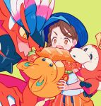  1girl bangs blue_headwear blush braid brown_eyes brown_hair commentary_request eating eyelashes food fuecoco green_background hat highres holding holding_pokemon juliana_(pokemon) komasawa_(fmn-ppp) koraidon lettuce open_mouth orange_shorts pawmi pokemon pokemon_(creature) pokemon_(game) pokemon_sv sandwich shirt shorts simple_background sweatdrop tomato tomato_slice white_shirt yellow_pupils 