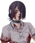  1girl absurdres blood blood_from_mouth blood_on_clothes blood_on_face buttons chainsaw_man choker english_commentary green_eyes hair_bun highres looking_at_viewer nosebleed purple_hair reze_(chainsaw_man) shirt signature simple_background smile stargazypie_u white_background white_shirt 