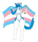  3_toes 4_ears alien anthro avali avian bikini blep blue_body blue_feathers blue_tail blue_tongue chest_tuft clothing daro_silvertail feathers feet female flag head_crest hi_res holding_flag holding_object lgbt_pride looking_at_viewer mangakitsune2 multi_ear one_eye_closed pride_color_flag pride_colors robotic_arm simple_background solo swimwear toes tongue tongue_out transgender_pride_colors tuft white_background white_body white_breasts white_feathers wink 