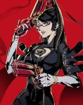 1girl bangs bayonetta bayonetta_(series) bayonetta_1 black_hair blue_eyes cleavage_cutout clothing_cutout commentary datcravat dual_wielding elbow_gloves glasses gloves gun hair_bun holding holding_gun holding_weapon long_hair mole mole_under_mouth one_eye_closed open_mouth red_background simple_background solo swept_bangs tongue tongue_out upper_body very_long_hair weapon white_gloves 