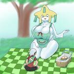  5_fingers anthro apron apron_only basket big_breasts breasts brendan_(pokemon) clothing container duo female fingers food generation_3_pokemon hi_res huge_breasts human humanoid jirachi larger_female legendary_pokemon male mammal mostly_nude nintendo picnic picnic_basket picnic_blanket pokemon pokemon_(species) sandwich_(food) size_difference slightly_chubby smaller_male smile suruskitch thick_thighs video_games 