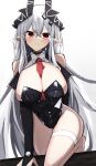  1girl absurdres arknights arm_behind_back bangs bare_shoulders barefoot between_breasts black_choker black_leotard breasts bridal_gauntlets choker cleavage closed_mouth grey_hair highres horns large_breasts leg_up leotard long_hair looking_at_viewer mudrock_(arknights) necktie necktie_between_breasts playboy_bunny pointy_ears red_eyes red_necktie simple_background solo strapless strapless_leotard thigh_strap touko_(toko12_tooko) very_long_hair white_background 