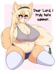  absurd_res anthro belly beverage big_breasts blonde_hair bodily_fluids breasts canid canine canis chubby_anthro chubby_female cleavage clothed clothing crown english_text female fox fur hair hi_res huge_breasts inner_ear_fluff kotone_(zelripheth) legwear mammal multicolored_body multicolored_fur navel nipple_outline pink_eyes simple_background soda solo sweat tan_body tan_fur text thong tiara tuft two_tone_body two_tone_fur underwear yellow_body yellow_fur zelripheth 
