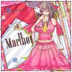  1girl absurdres breasts brown_hair cigarette english_text falling_petals flower hakurei_reimu highres holding holding_cigarette japanese_clothes marlboro miko navel netgamesennyou7 petals pink_shirt pink_skirt product_girl product_placement shirt skirt smoking solo touhou 