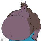  2022 anthro bottomwear canid canine canis clothing hi_res hybrid male mammal muscular overweight overweight_male rufus_(th0mas) shorts signature simple_background smile solo th0mas wolfdog 