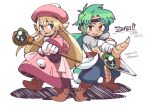  1boy 1girl blonde_hair blue_eyes dress full_body gloves green_hair hat holding holding_weapon hounori long_hair looking_at_viewer open_mouth pink_dress pipiro_(zwei!!) pockle_(zwei!!) simple_background smile staff weapon white_background zwei!! 